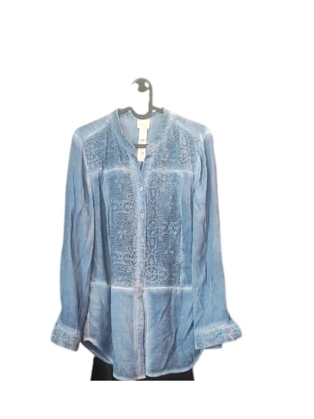 Chicos Chambray Light Blue Button-Front Blouse with Embroidered Front - 18 ptp